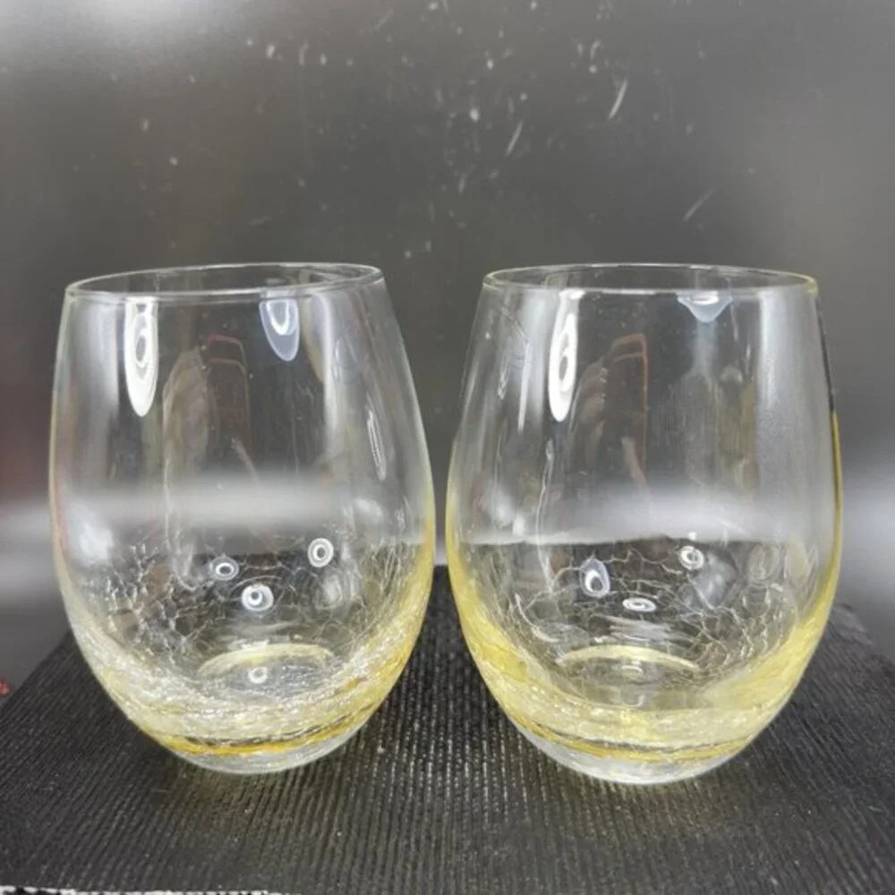 Pier‎ 1 Crackled Glass Glasses Cups Tumbler Set 2 Yellow Crackle Glass Glasses